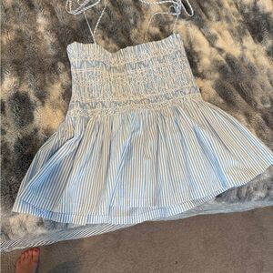 J. Crew Light Blue and White Smocked Striped Tank